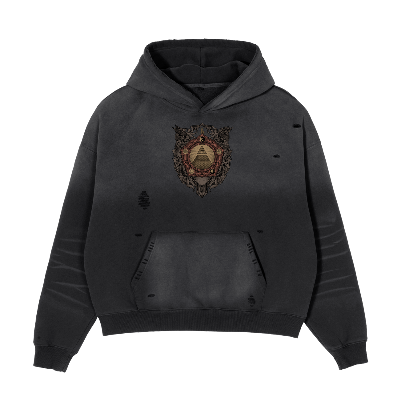 Black Sunfade — Frayed Fleece Hoodie — product view | Tribe of Alchemists